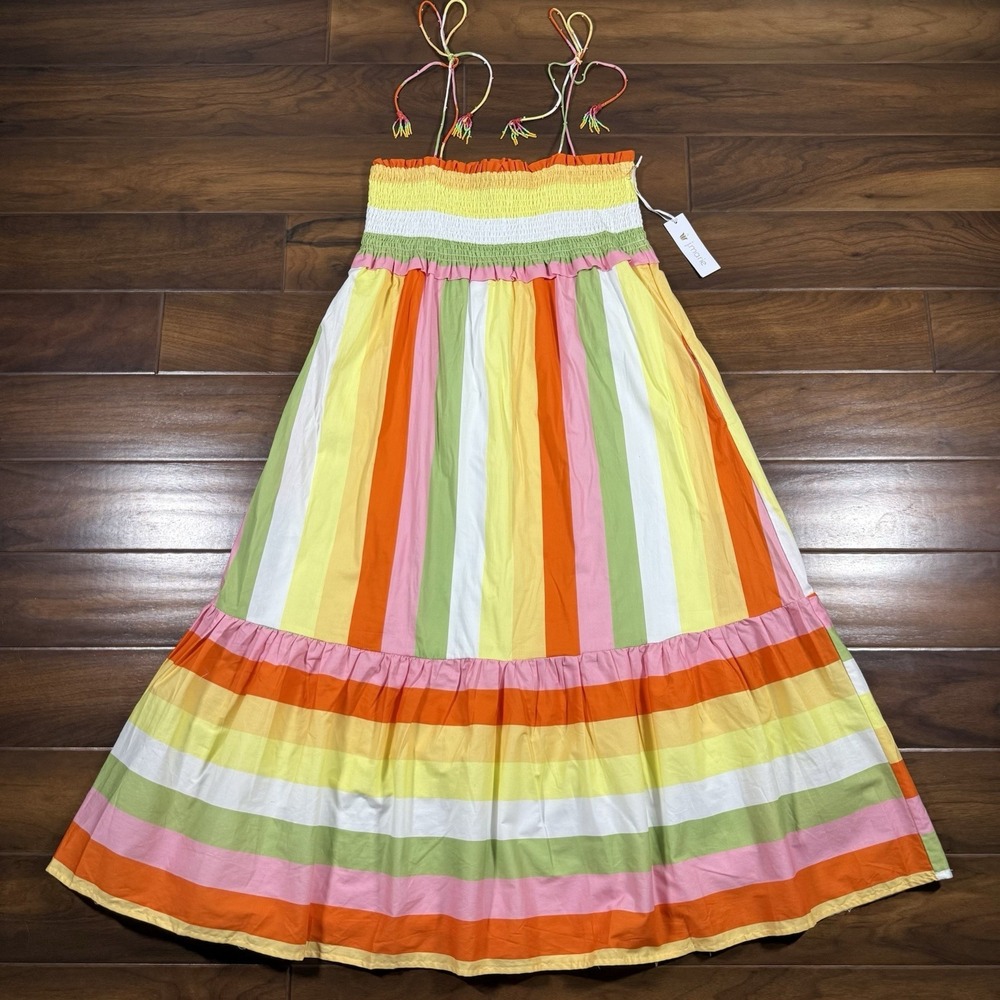 J.Marie Women's‎ Size XL Multi Striped Spaghetti Strap Smocked Midi Dress